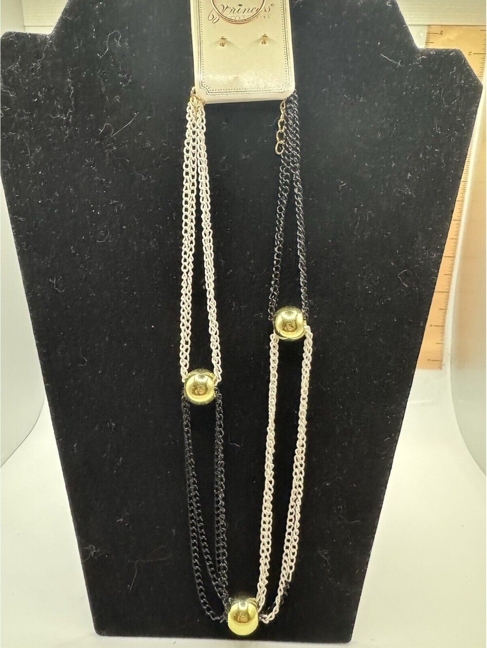 Princess Accessories Black White Gold Multi Strand Necklace Stud Earring Set NEW